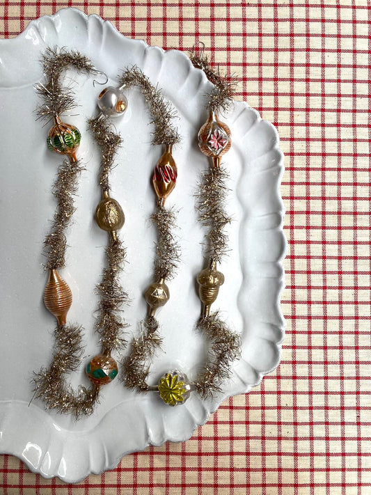 Gold Tinsel Garland with Glass Ornaments - Nostalgic German Christmas