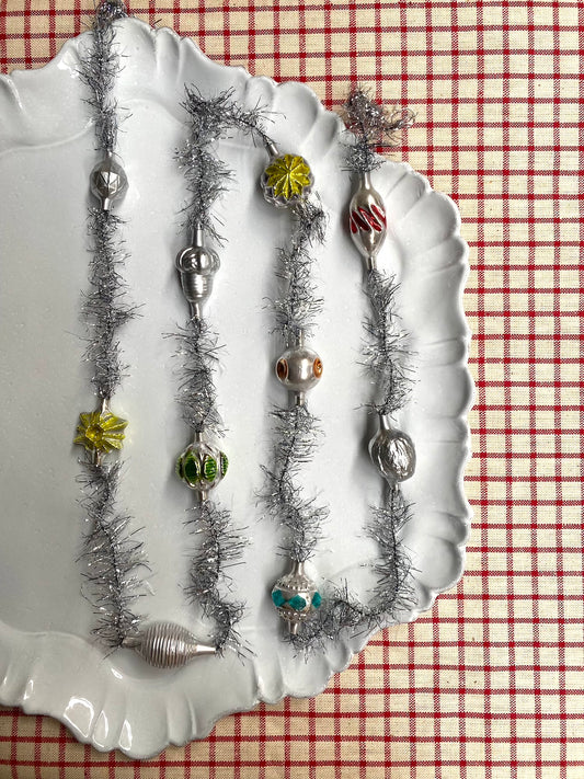 Silver Tinsel Garland with Glass Ornaments - Nostalgic German Christmas