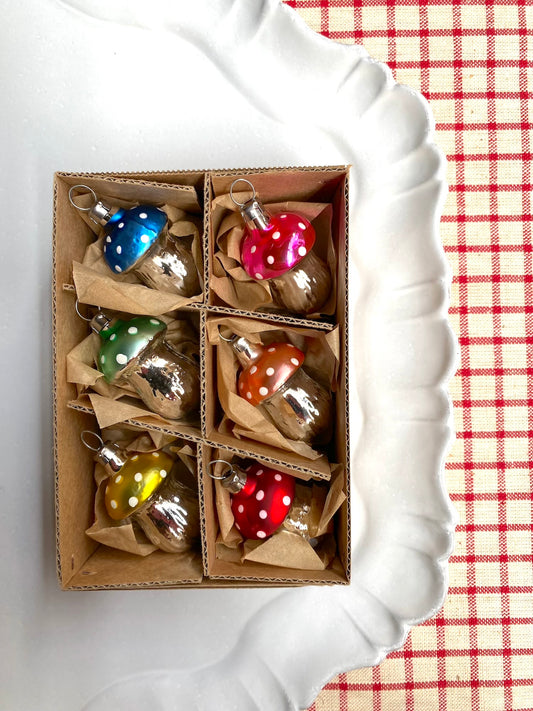 Box Set of 6 Glass Miniature Mushrooms - Nostalgic German Christmas Ornaments