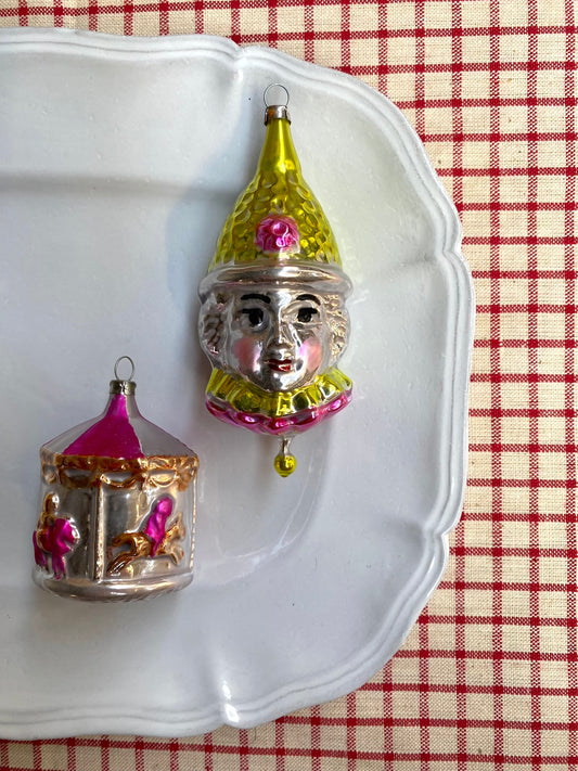 Clown & Carousel - Pair of Nostalgic German Christmas Ornaments