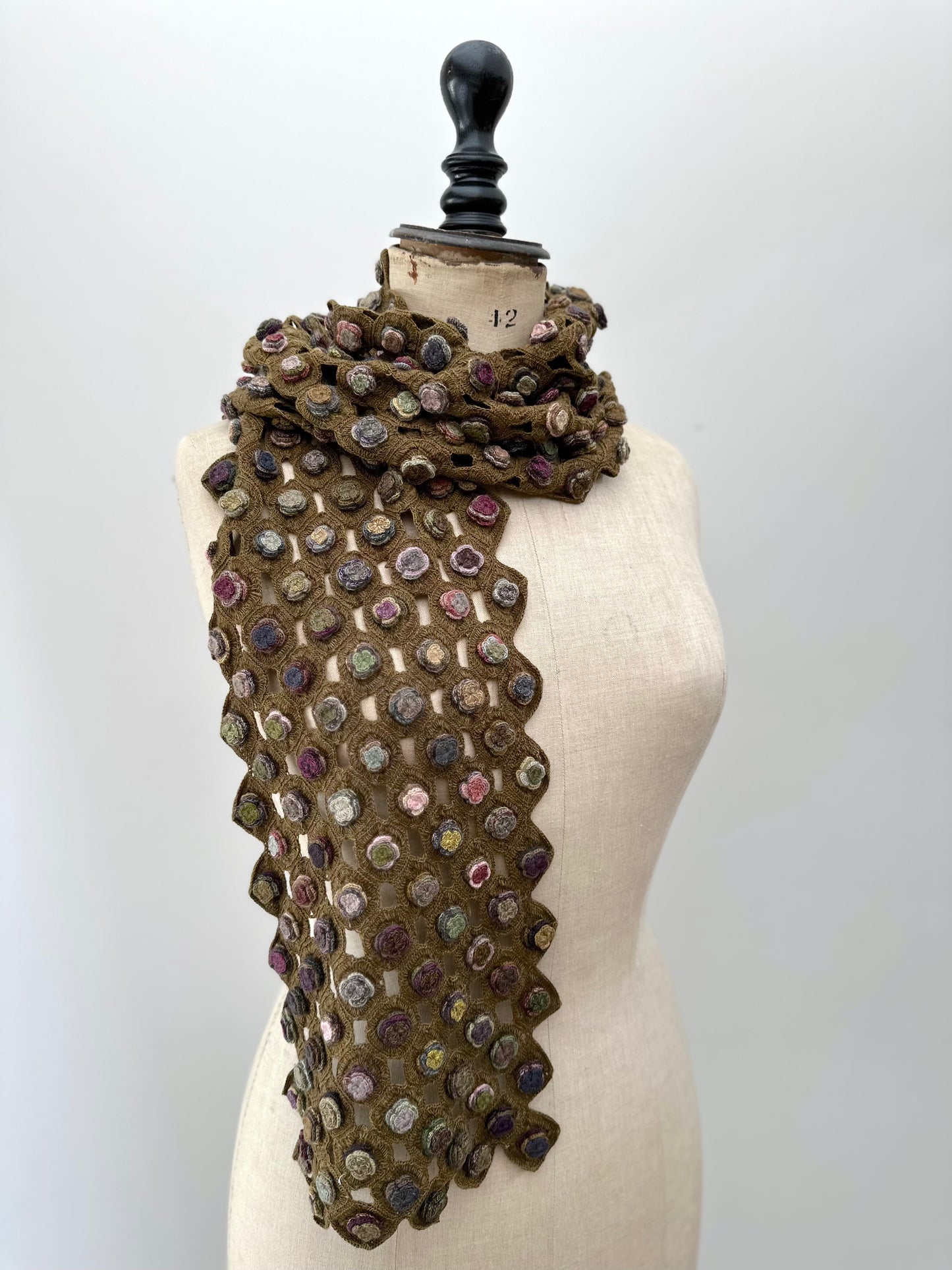 Sophie Digard Light Brown Crochet Wool Scarf With Multi Flower Applique