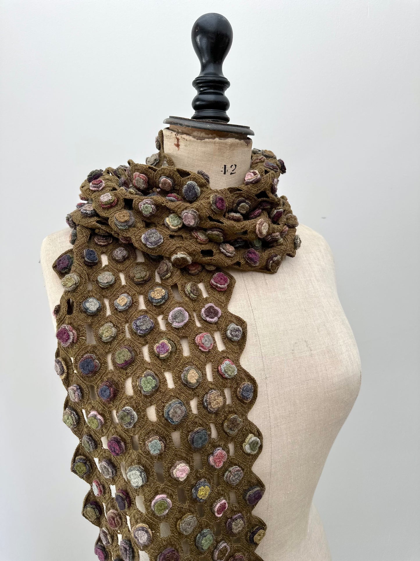 Sophie Digard Light Brown Crochet Wool Scarf With Multi Flower Applique