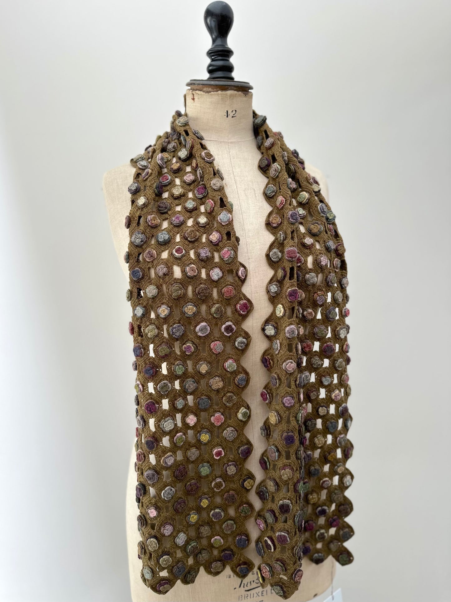 Sophie Digard Light Brown Crochet Wool Scarf With Multi Flower Applique