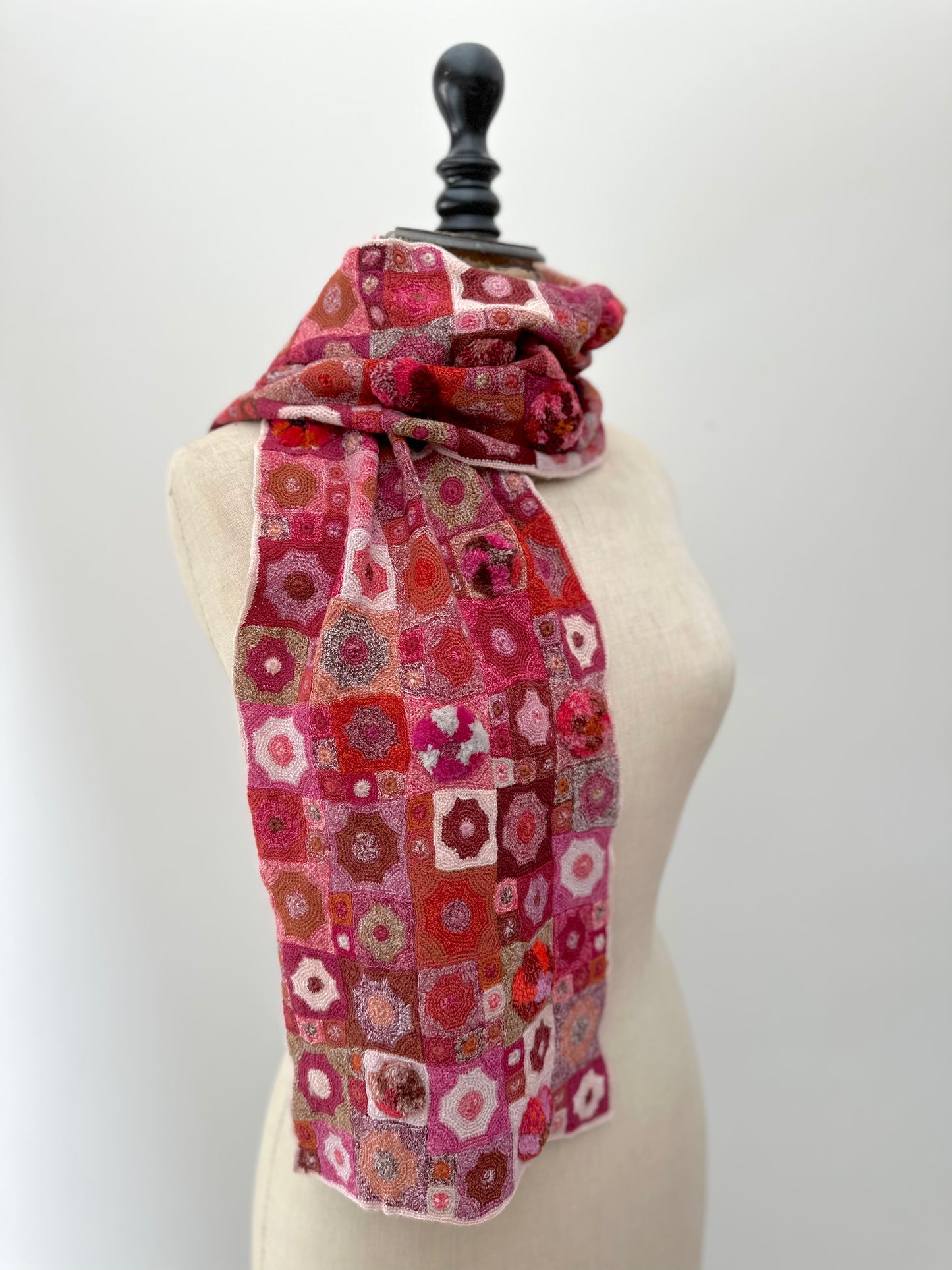 Sophie Digard Pink Crochet Scarf With Geometric Patchwork