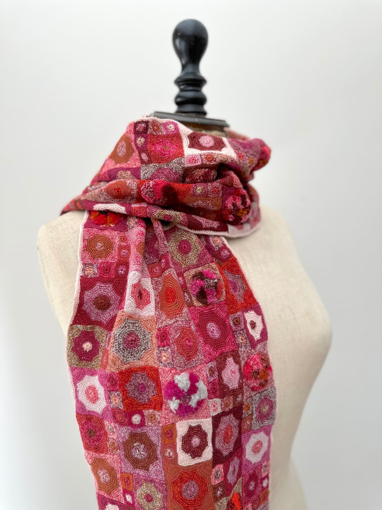 Sophie Digard Pink Crochet Scarf With Geometric Patchwork