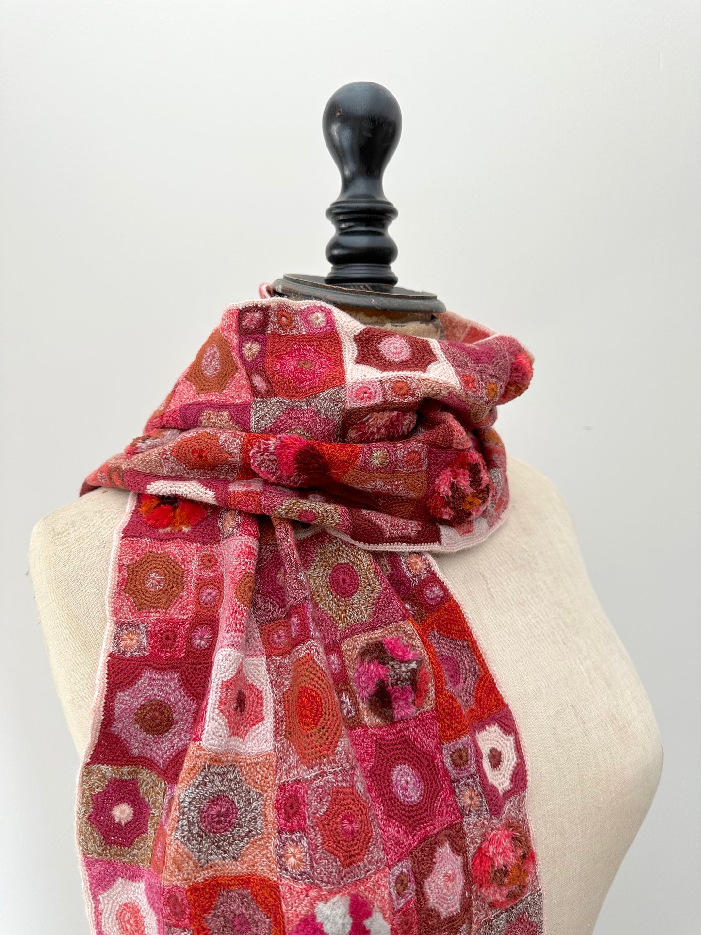 Sophie Digard Pink Crochet Scarf With Geometric Patchwork