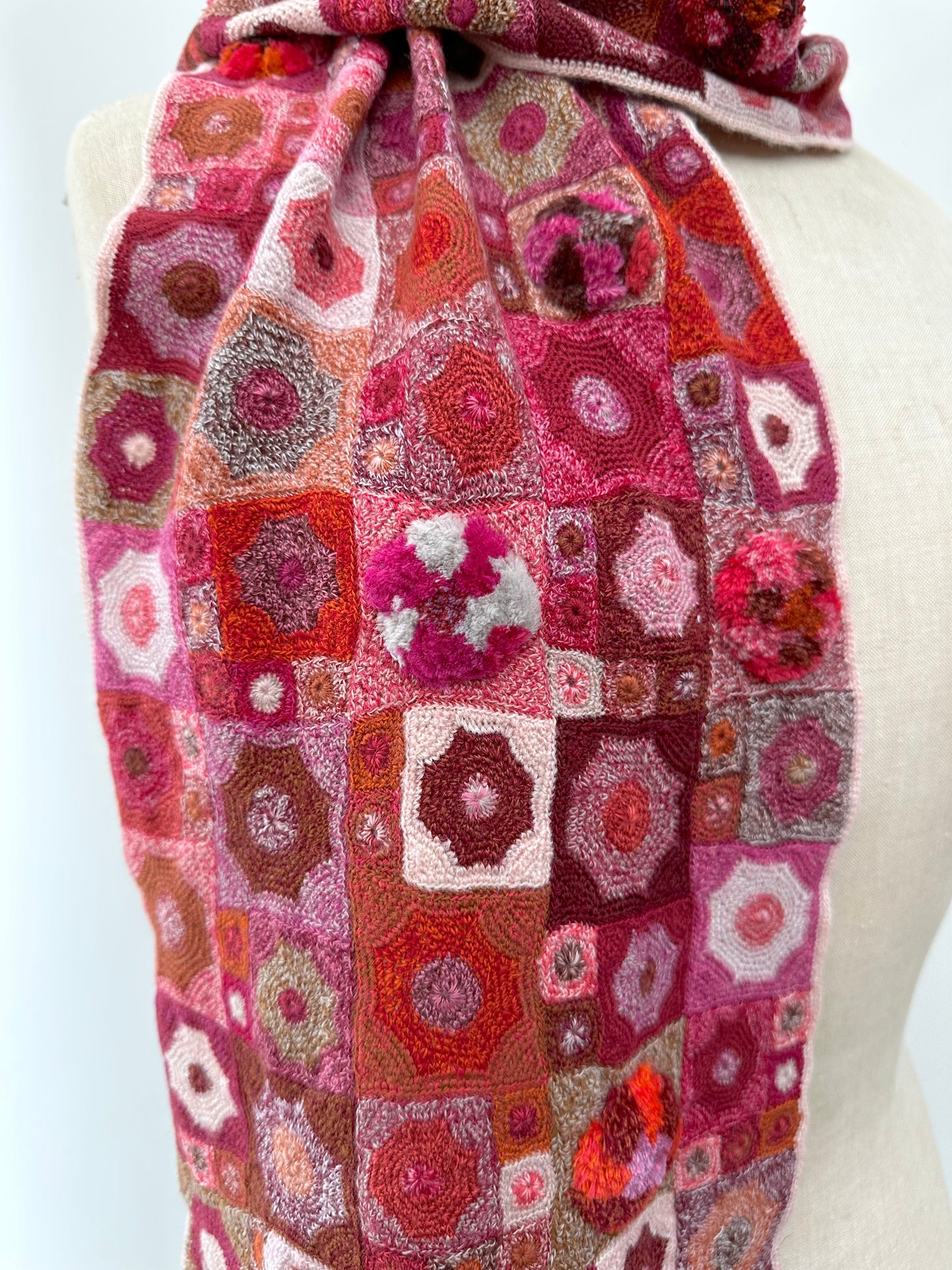 Sophie Digard Pink Crochet Scarf With Geometric Patchwork