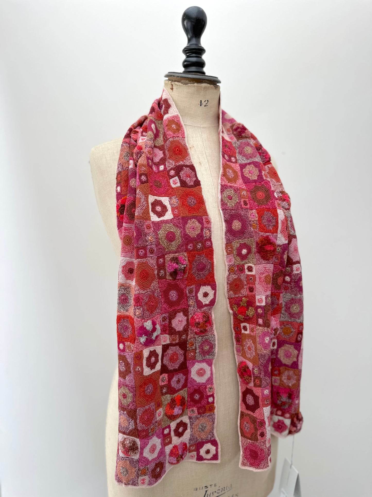 Sophie Digard Pink Crochet Scarf With Geometric Patchwork