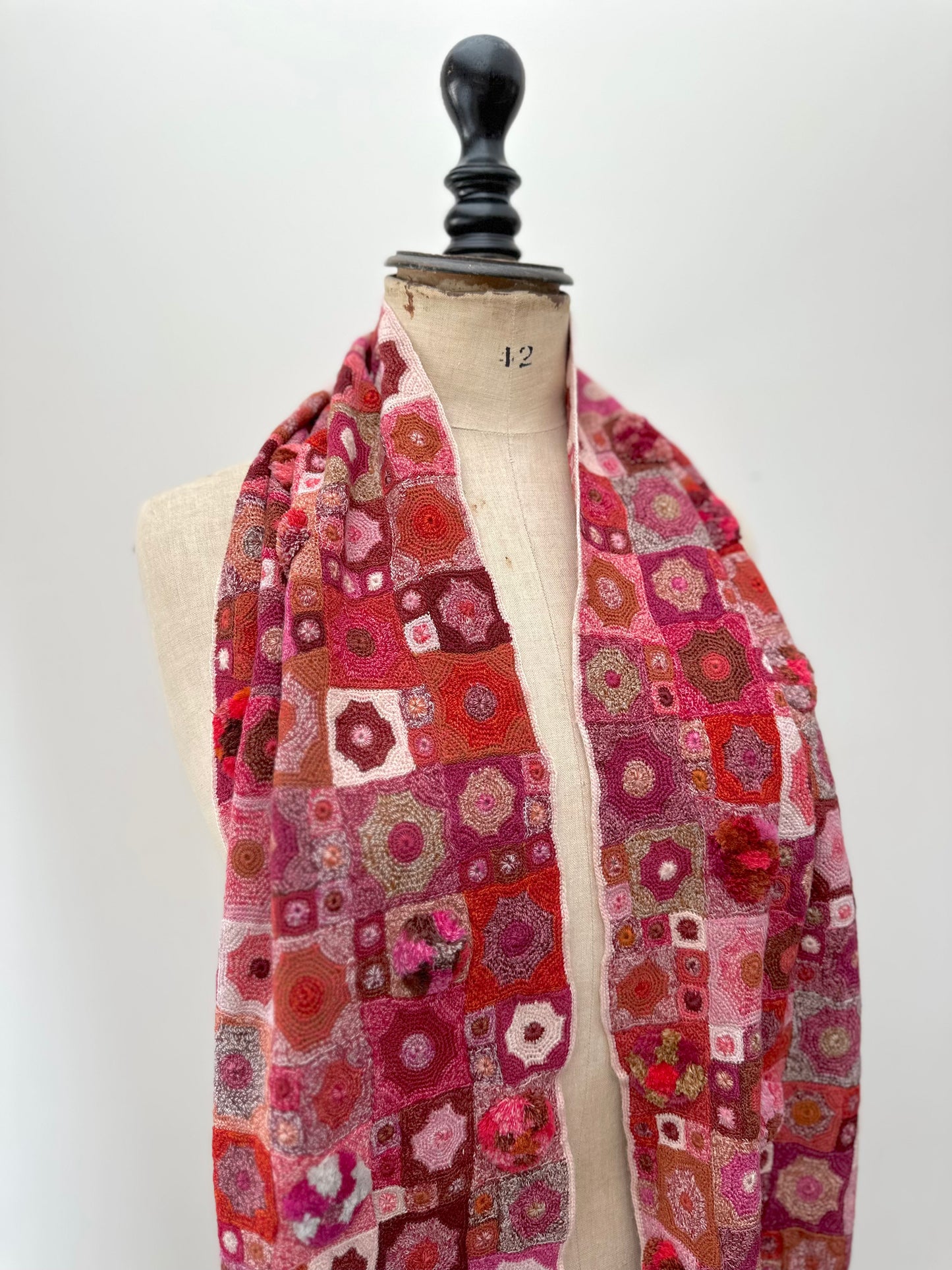 Sophie Digard Pink Crochet Scarf With Geometric Patchwork