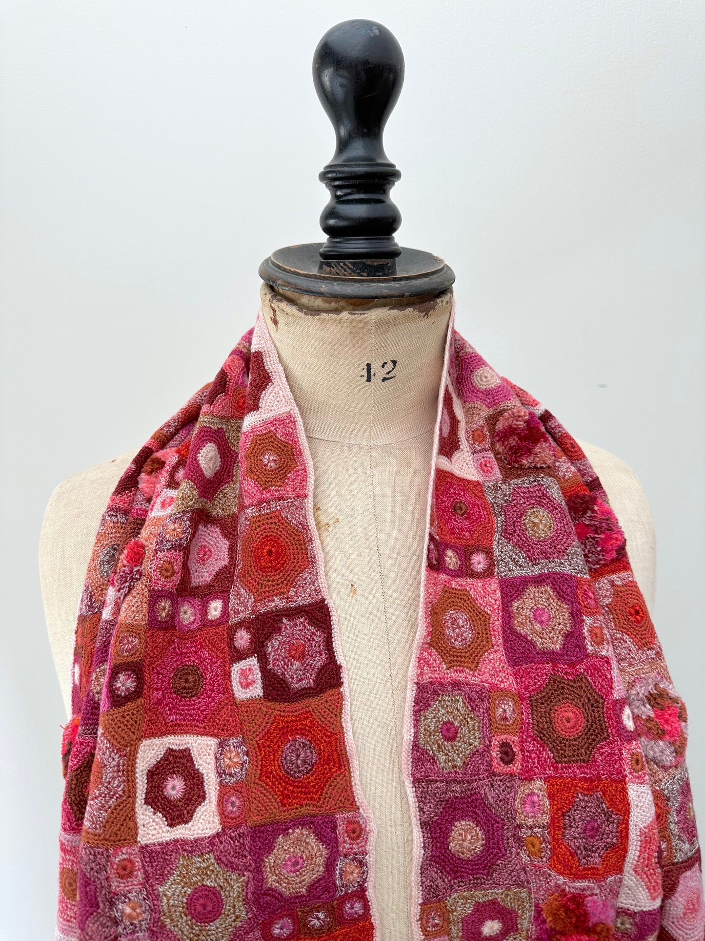 Sophie Digard Pink Crochet Scarf With Geometric Patchwork