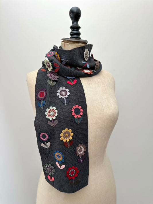 Sophie Digard Crochet Charcoal Grey Flower Applique Scarf