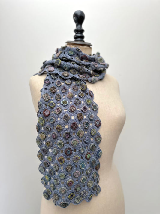 Sophie Digard Blue Flower Applique Crochet Wool Scarf