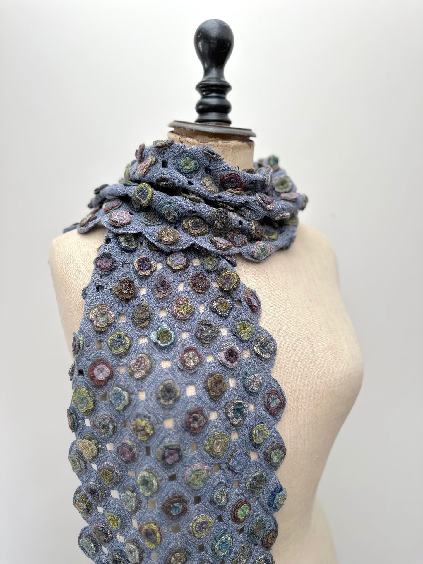 Sophie Digard Blue Flower Applique Crochet Wool Scarf