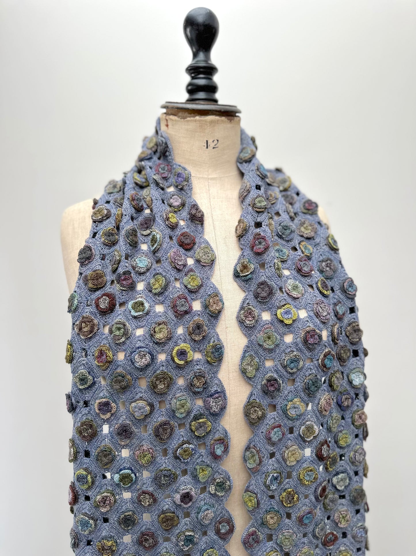 Sophie Digard Blue Flower Applique Crochet Wool Scarf