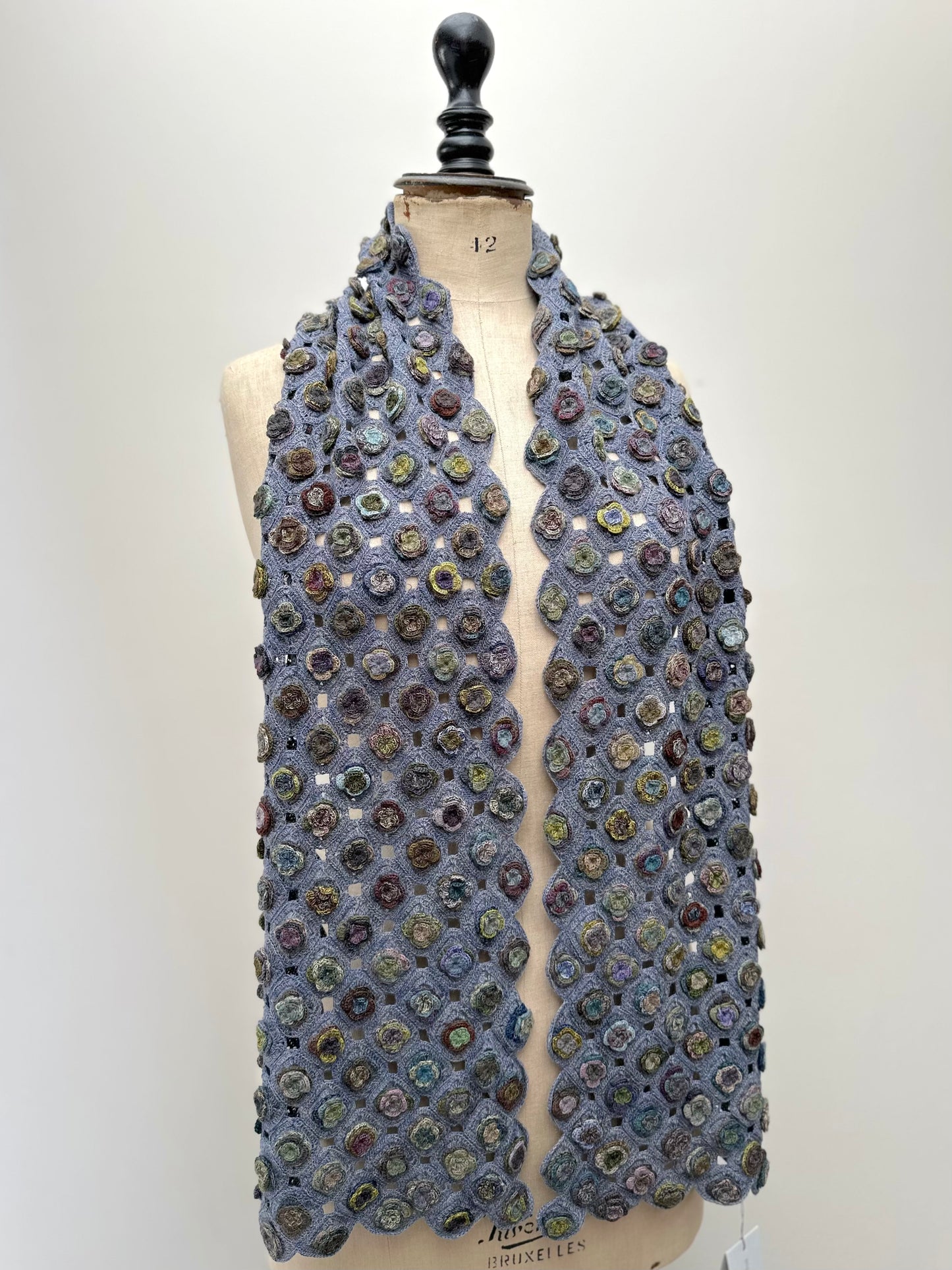 Sophie Digard Blue Flower Applique Crochet Wool Scarf