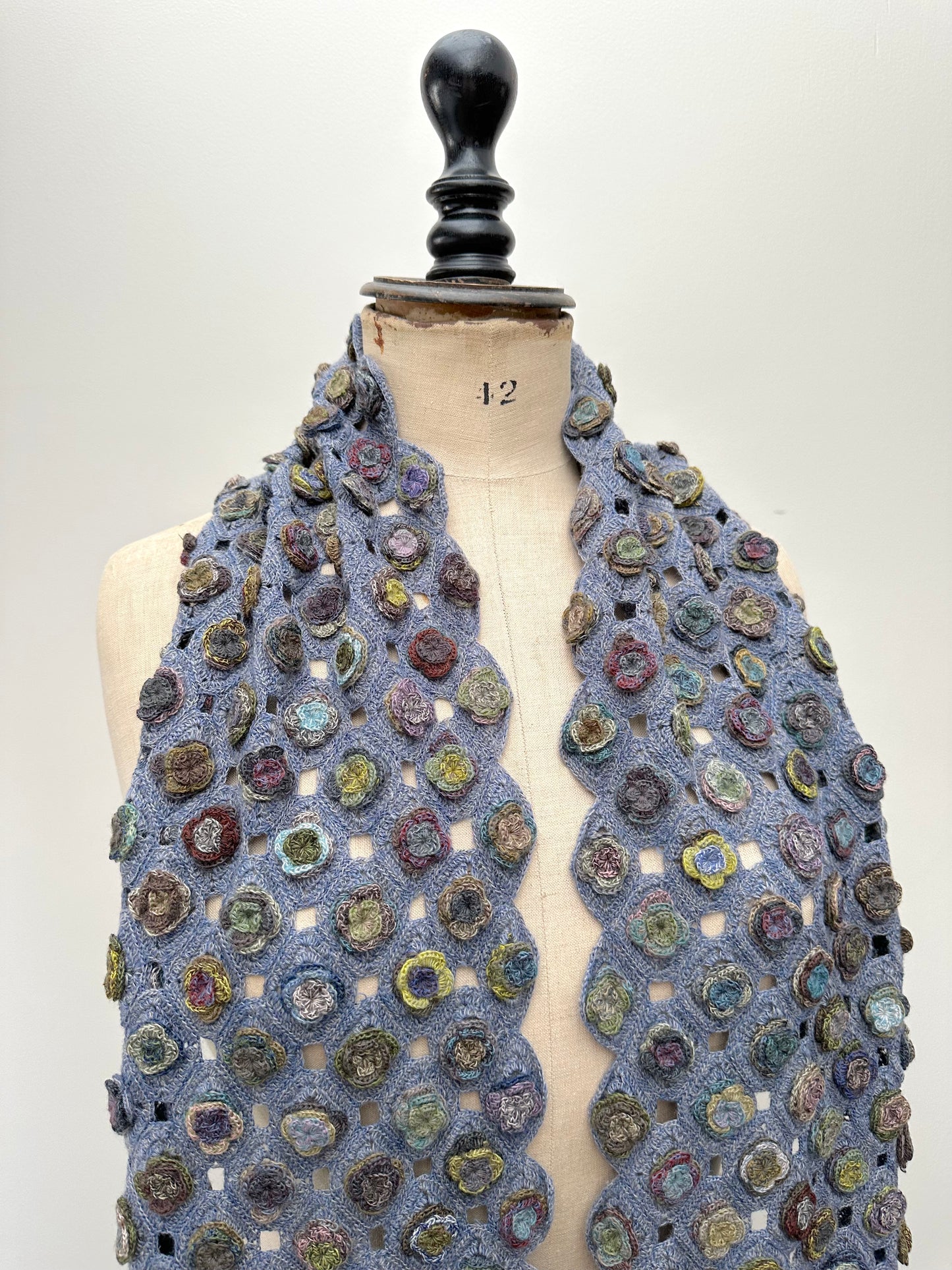 Sophie Digard Blue Flower Applique Crochet Wool Scarf