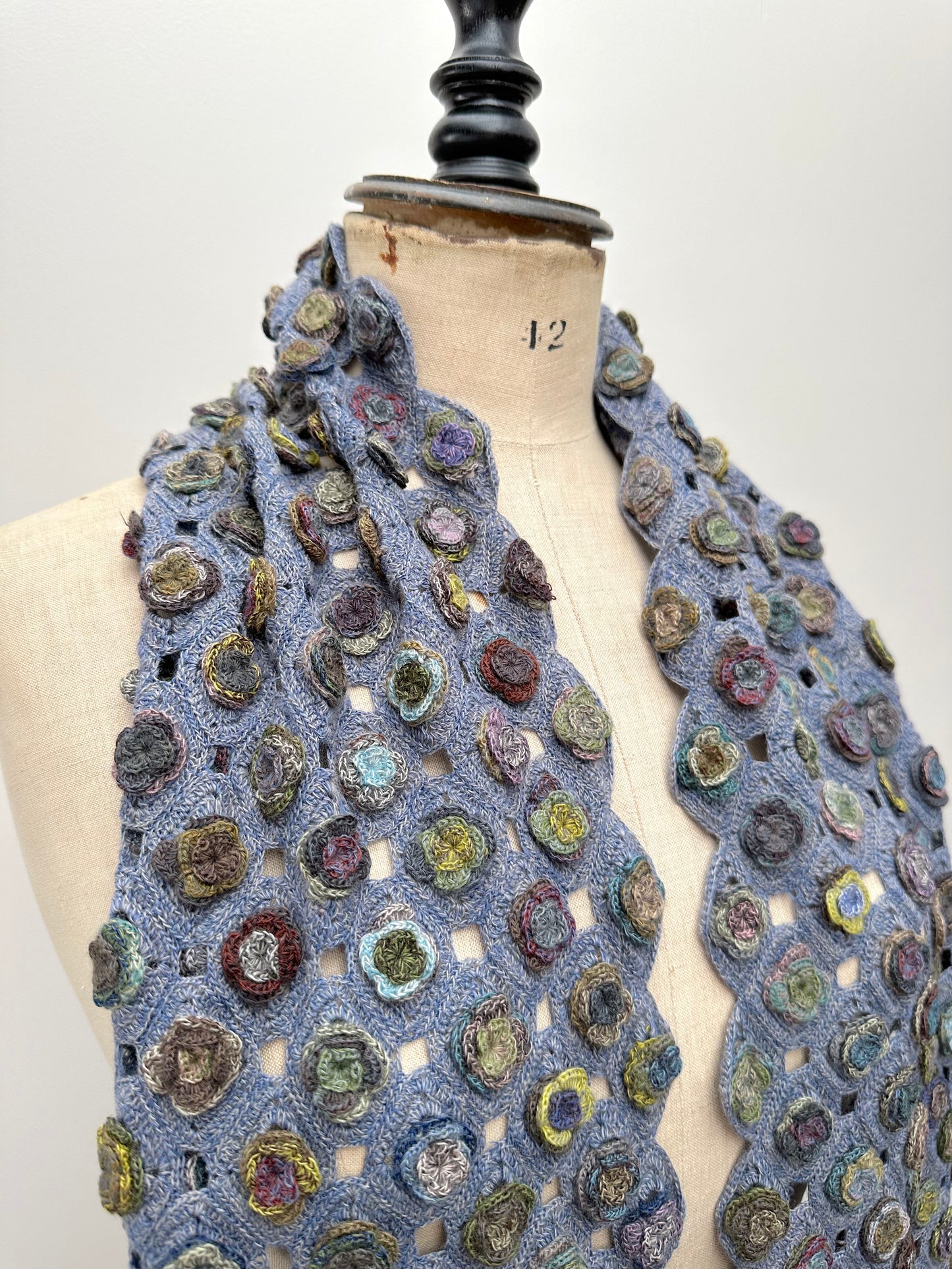 Sophie Digard Blue Flower Applique Crochet Wool Scarf