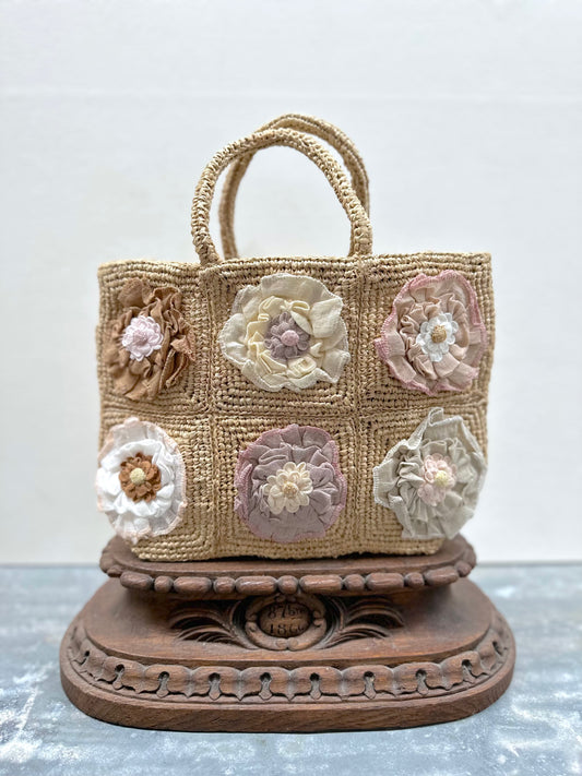 Sophie Digard Small Pastel Flower Raffia Hand Bag