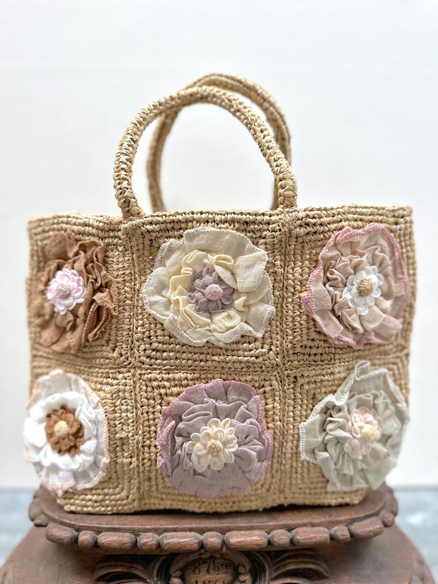 Sophie Digard Small Pastel Flower Raffia Hand Bag