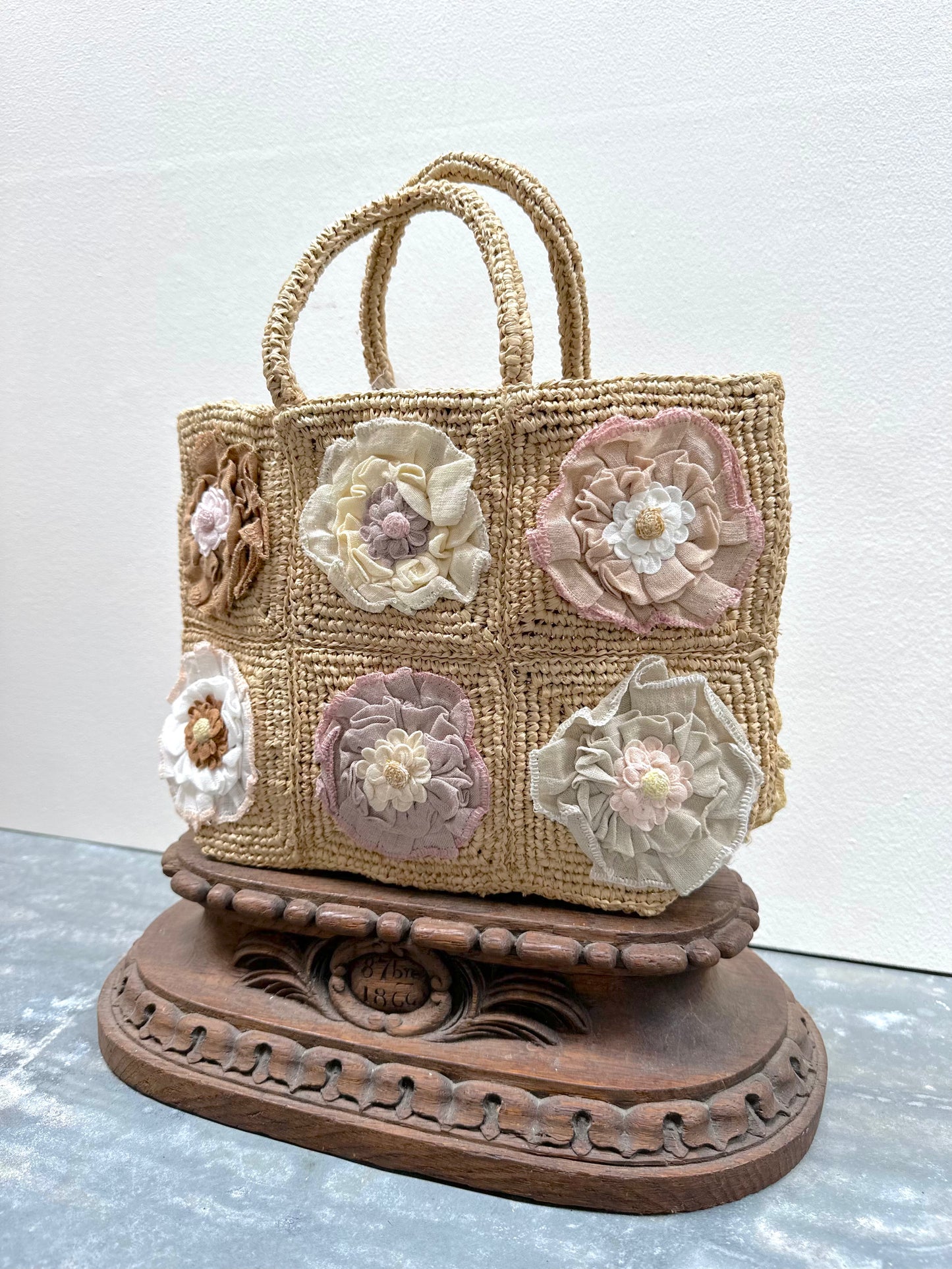 Sophie Digard Small Pastel Flower Raffia Hand Bag