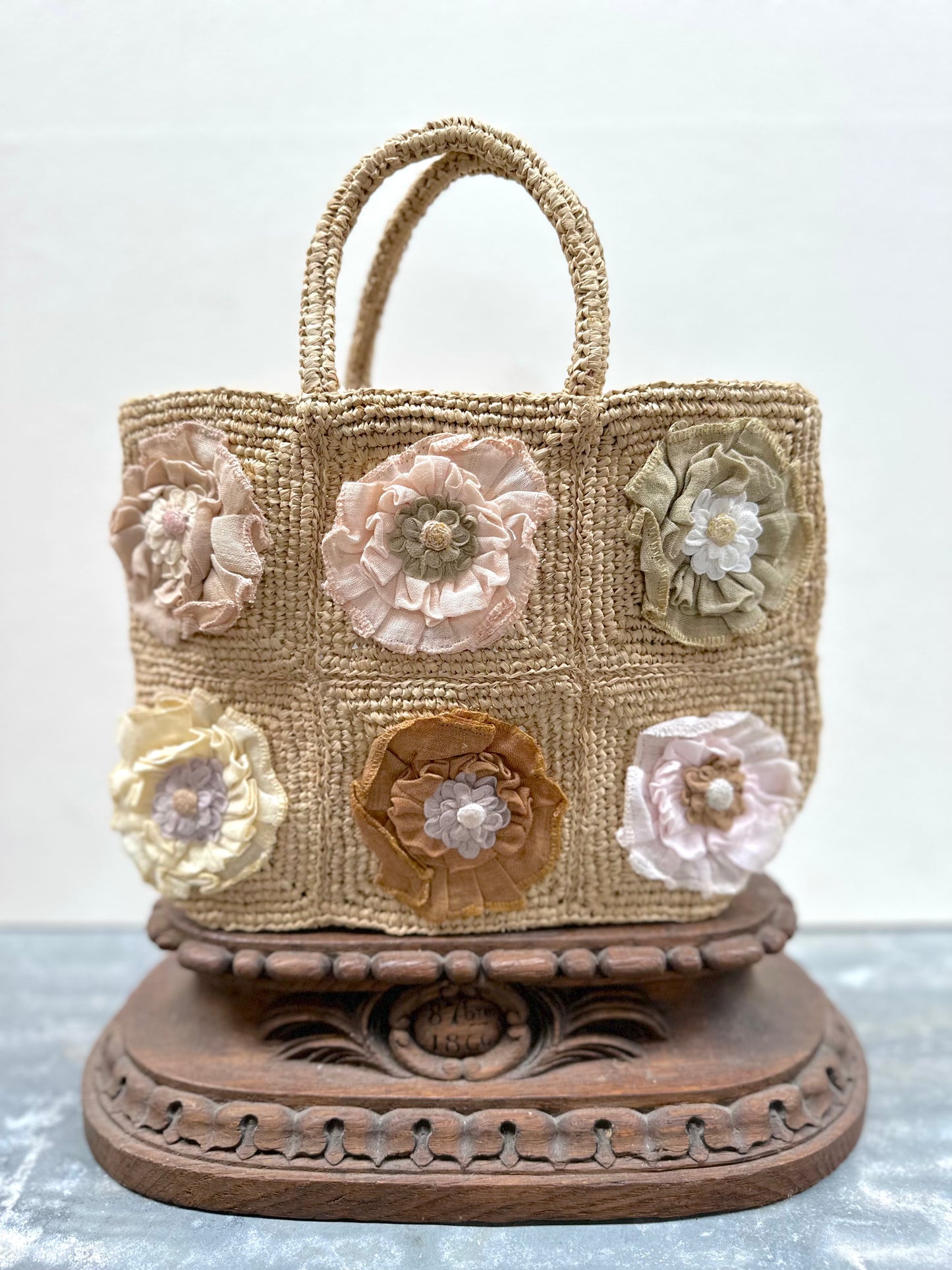 Sophie Digard Small Pastel Flower Raffia Hand Bag