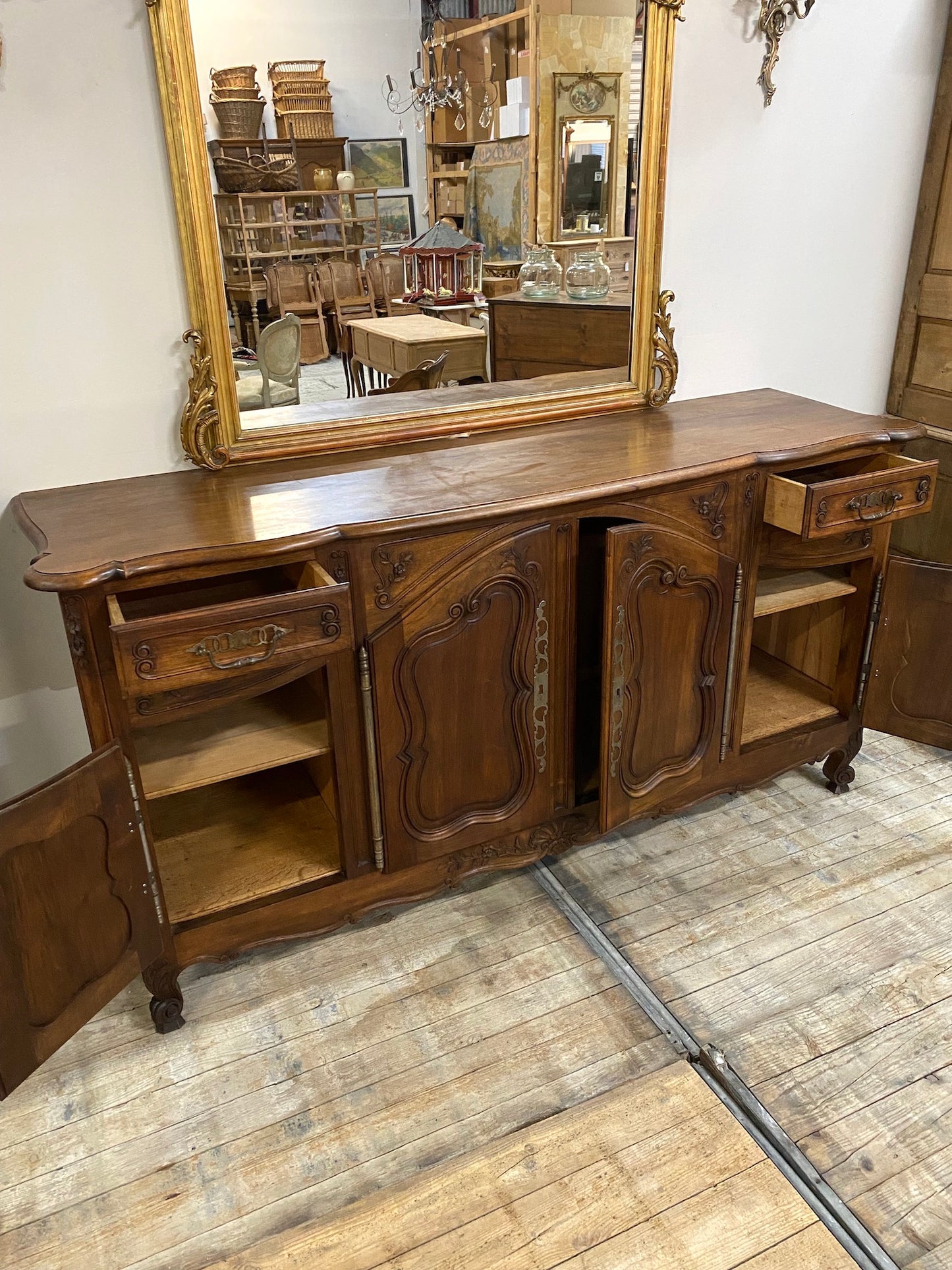 Antique French Louis XV Walnut 4 Door 2 Drawer Sideboard