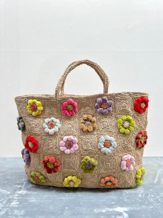 Sophie Digard Medium Raffia Bag With Bright Velvet Flowers