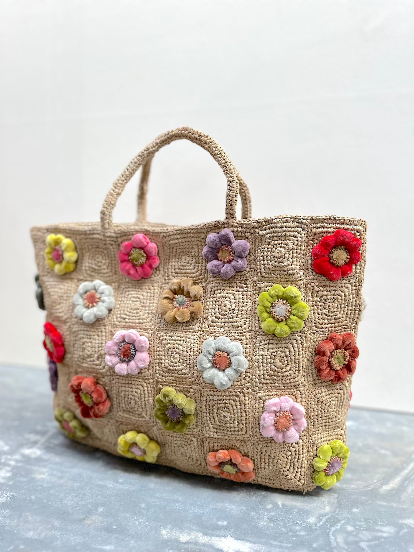 Sophie Digard Medium Raffia Bag With Bright Velvet Flowers