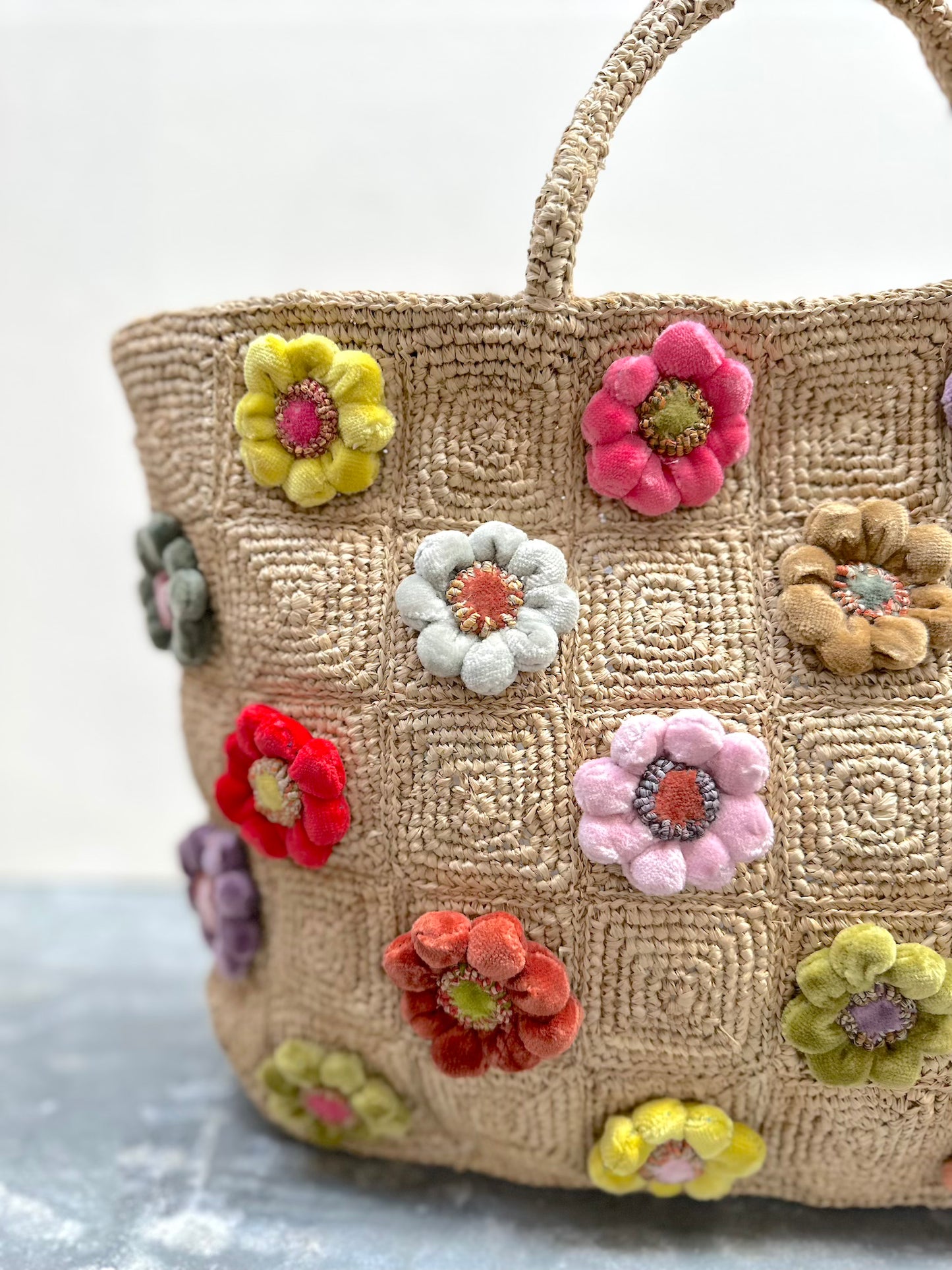 Sophie Digard Medium Raffia Bag With Bright Velvet Flowers