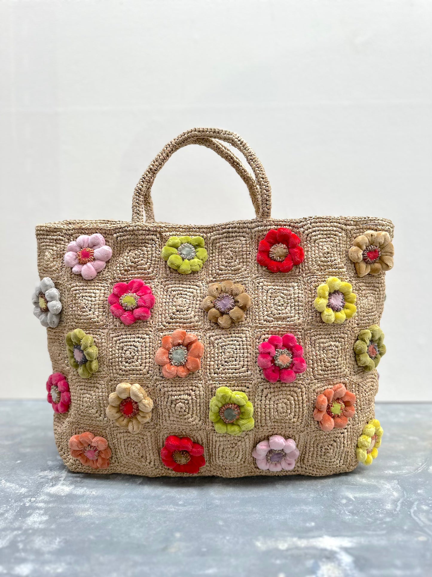 Sophie Digard Medium Raffia Bag With Bright Velvet Flowers