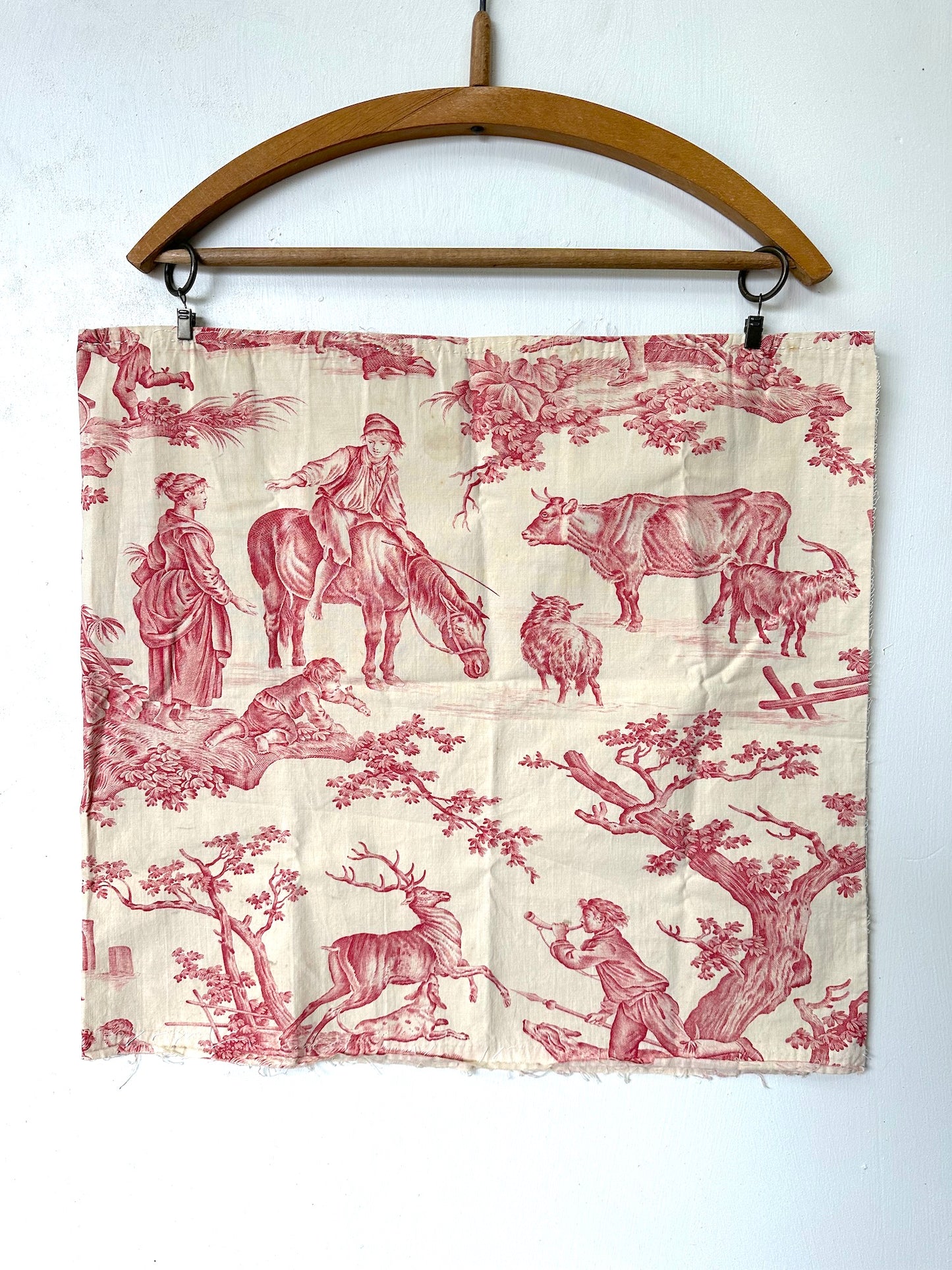 Antique French Pastoral Raspberry Toile Cotton Panel