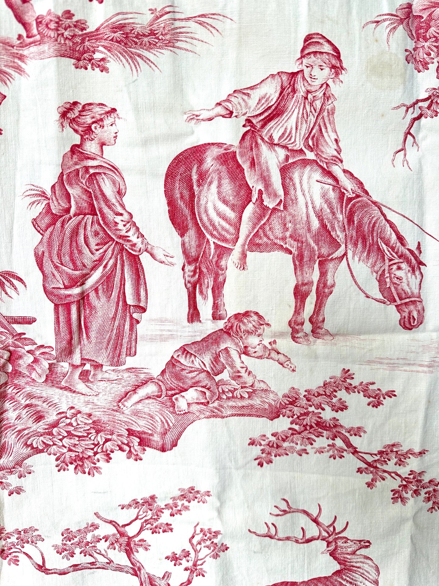 Antique French Pastoral Raspberry Toile Cotton Panel