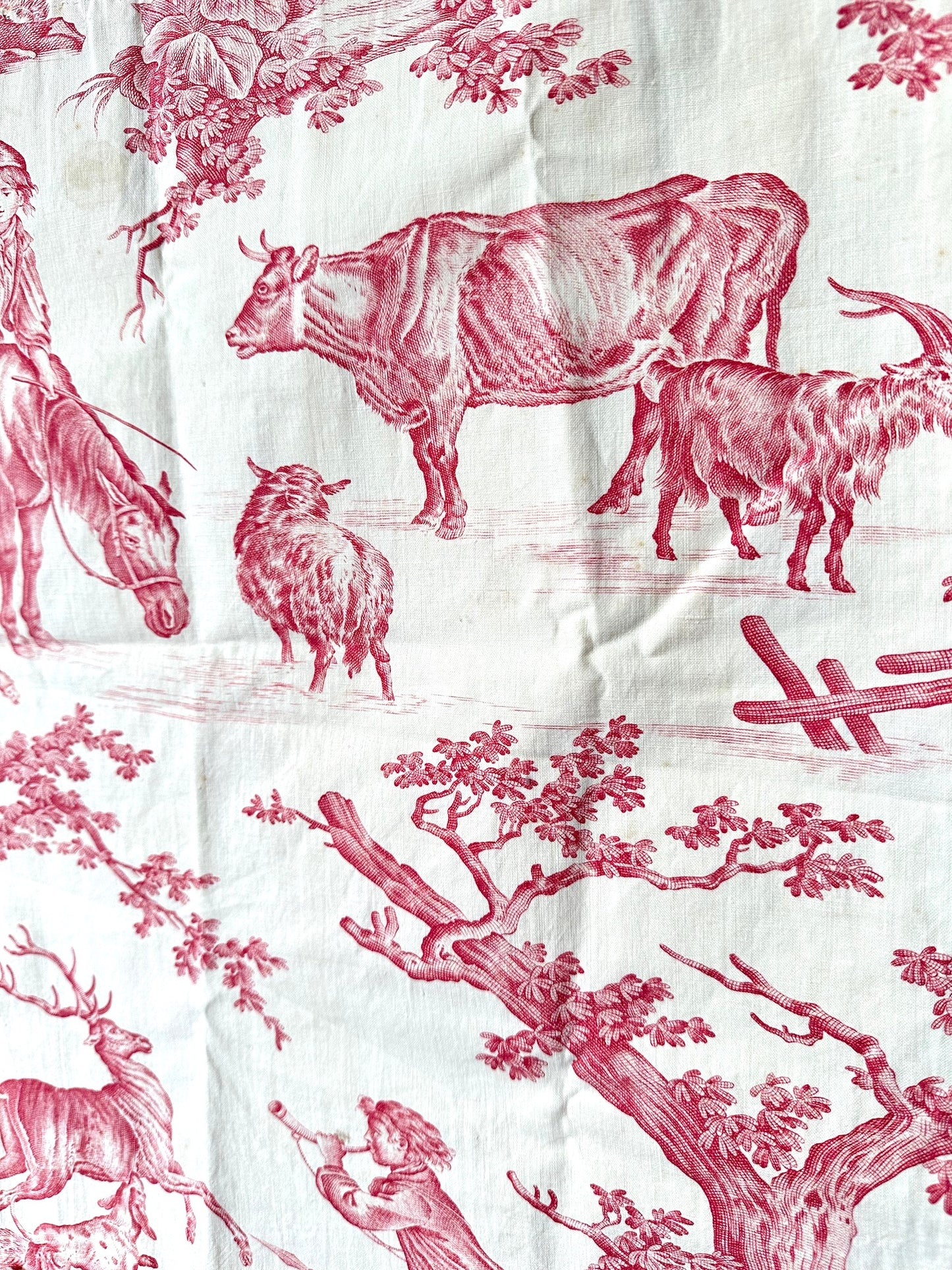 Antique French Pastoral Raspberry Toile Cotton Panel