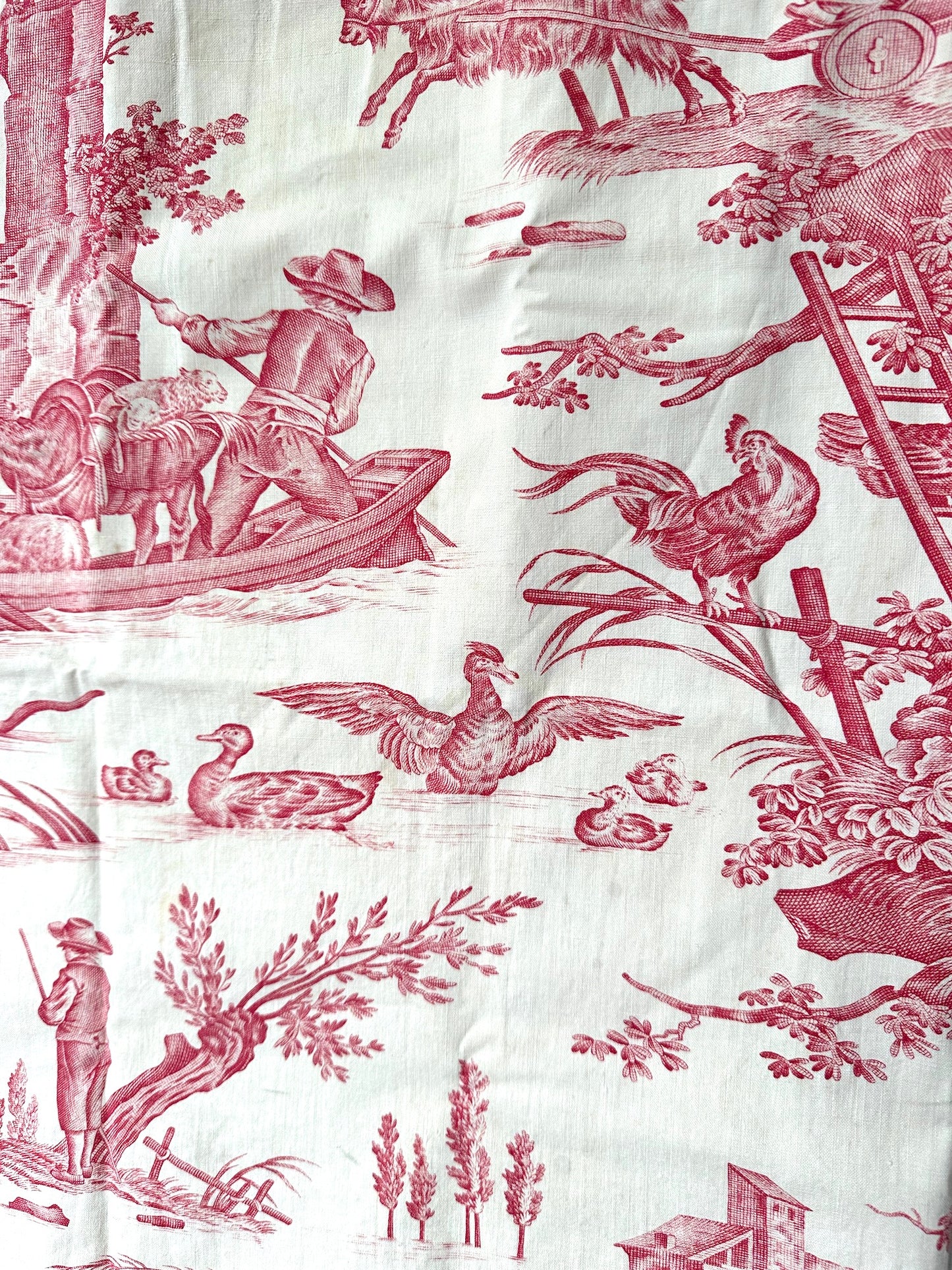 Antique French Pastoral Raspberry Toile Cotton Panel