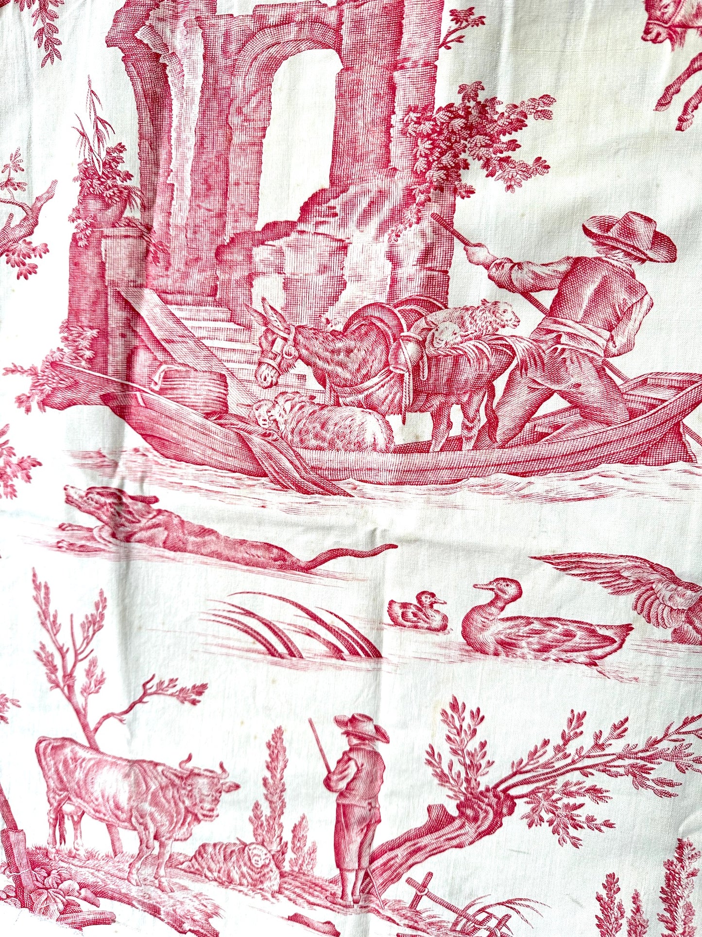 Antique French Pastoral Raspberry Toile Cotton Panel