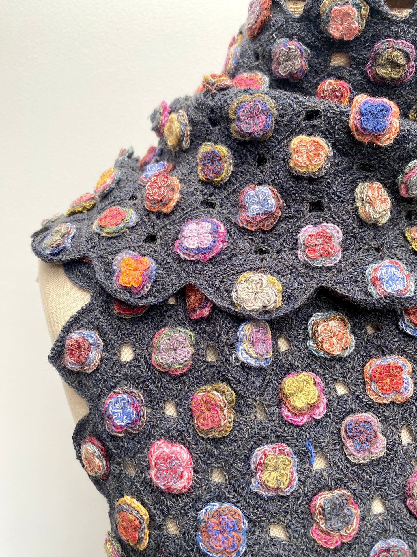 Sophie Digard Multi Flower Applique Crochet Wool Scarf