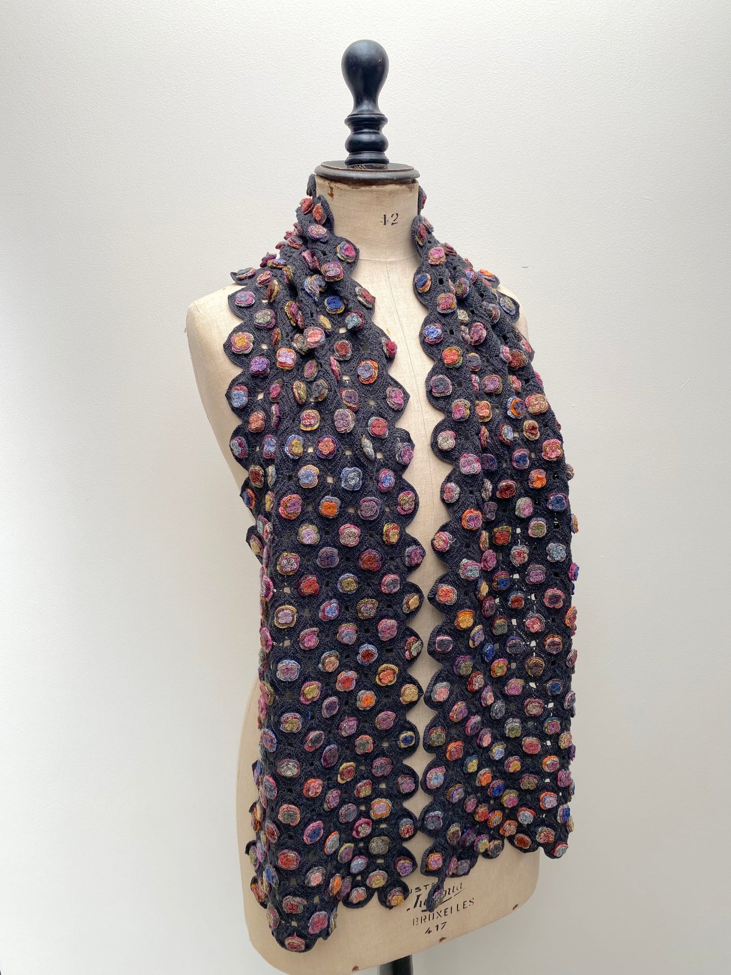 Sophie Digard Multi Flower Applique Crochet Wool Scarf