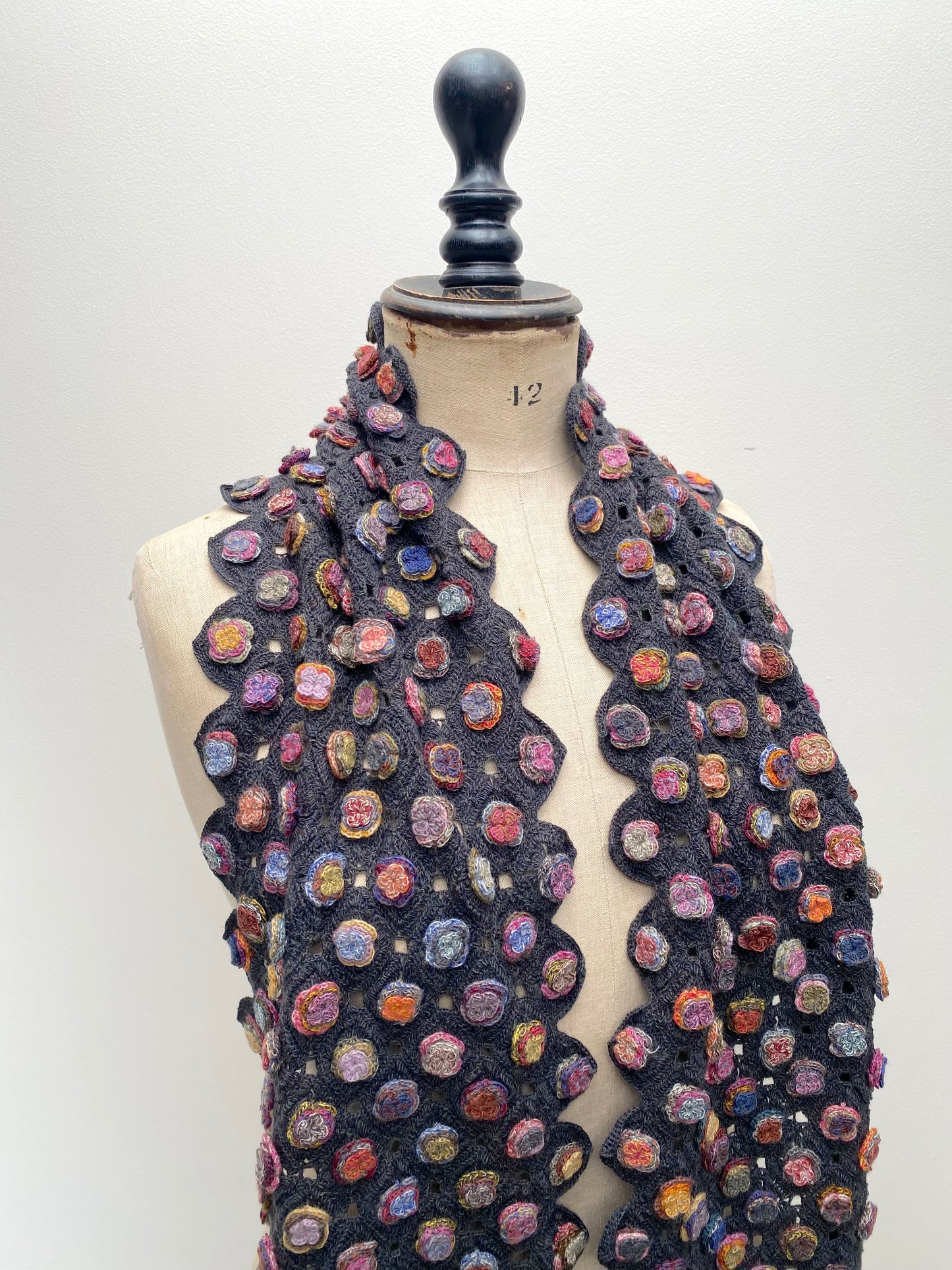 Sophie Digard Multi Flower Applique Crochet Wool Scarf