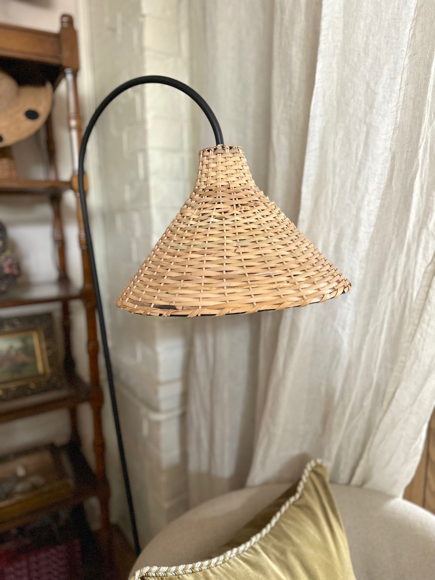 Swedish Floor Lamp With Black Stand And Woven Rattan Shade