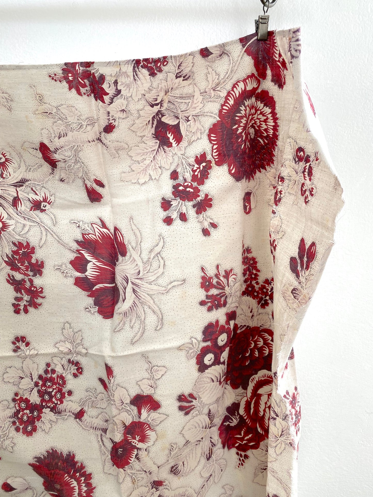 Antique French Burgundy Rose/Dahlia Cotton Fabric Panel 50x50cm