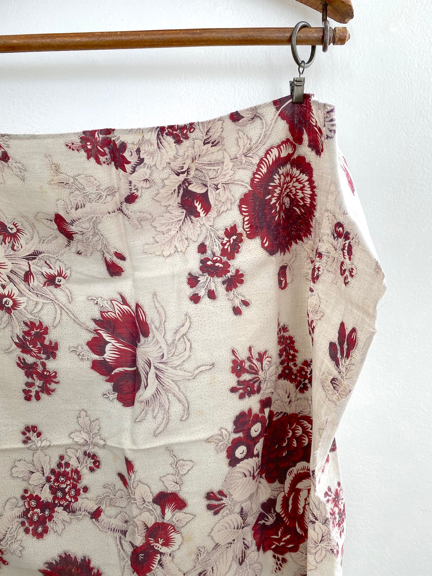 Antique French Burgundy Rose/Dahlia Cotton Fabric Panel 50x50cm