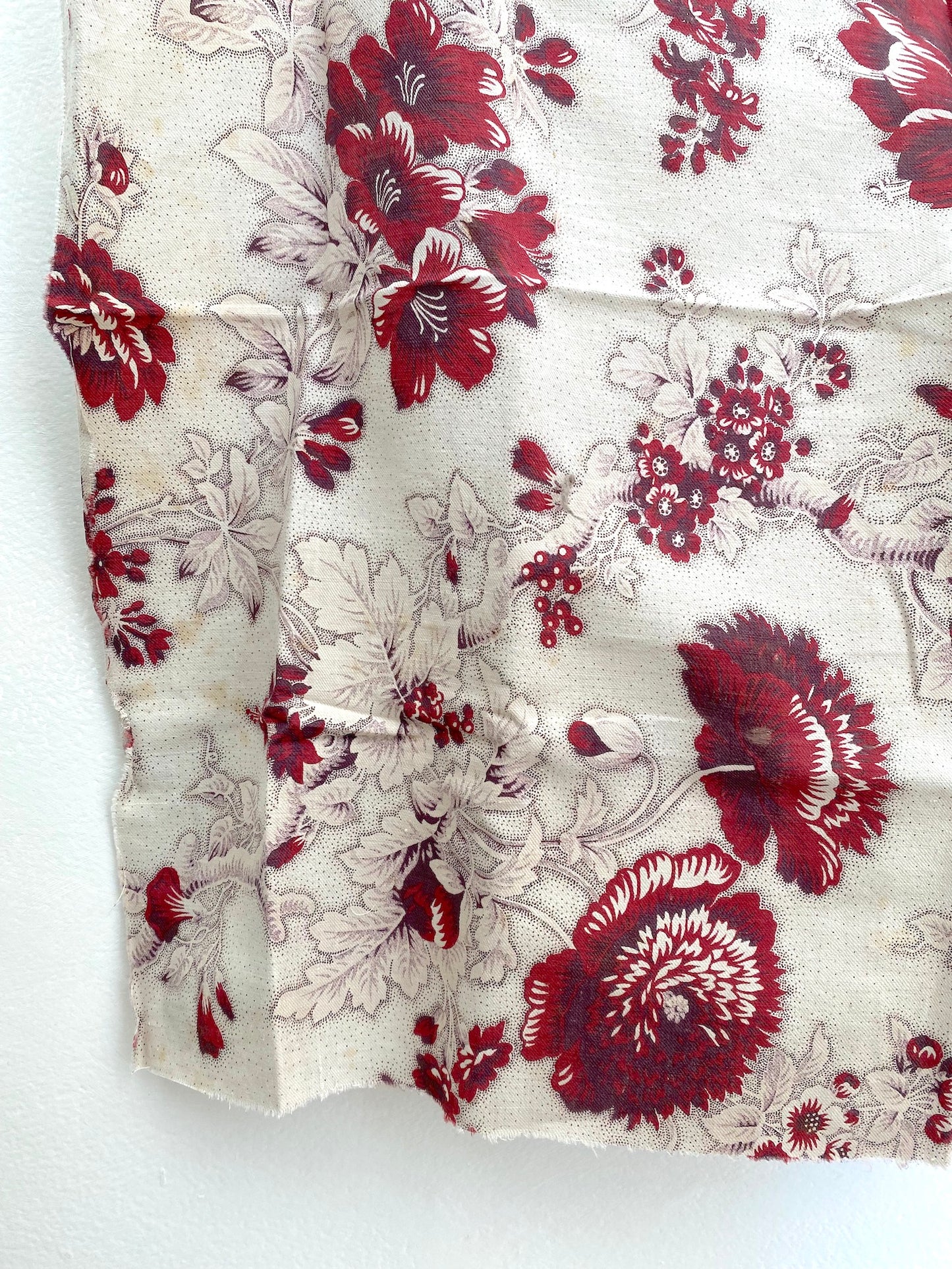 Antique French Burgundy Rose/Dahlia Cotton Fabric Panel 50x50cm