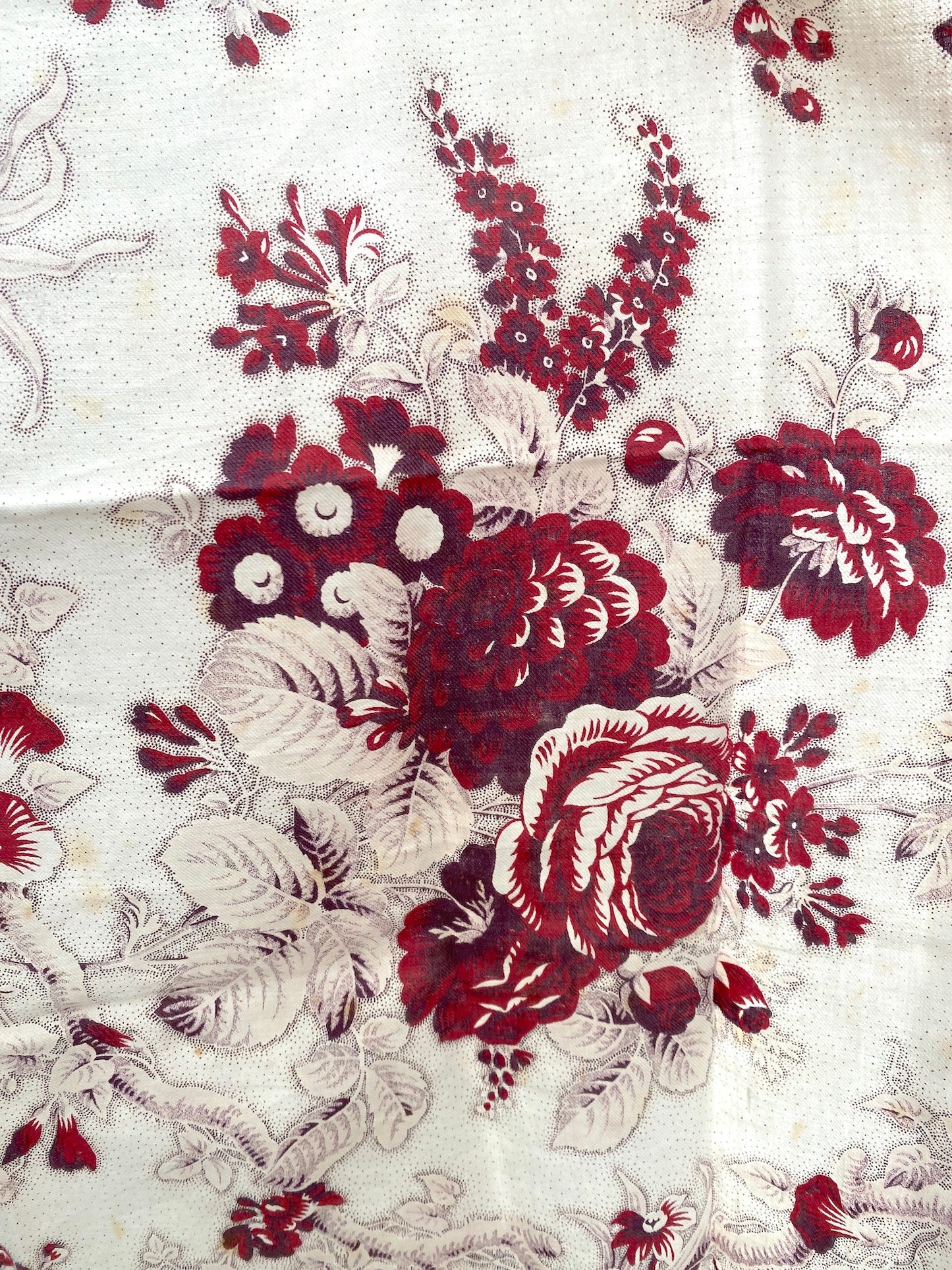 Antique French Burgundy Rose/Dahlia Cotton Fabric Panel 50x50cm