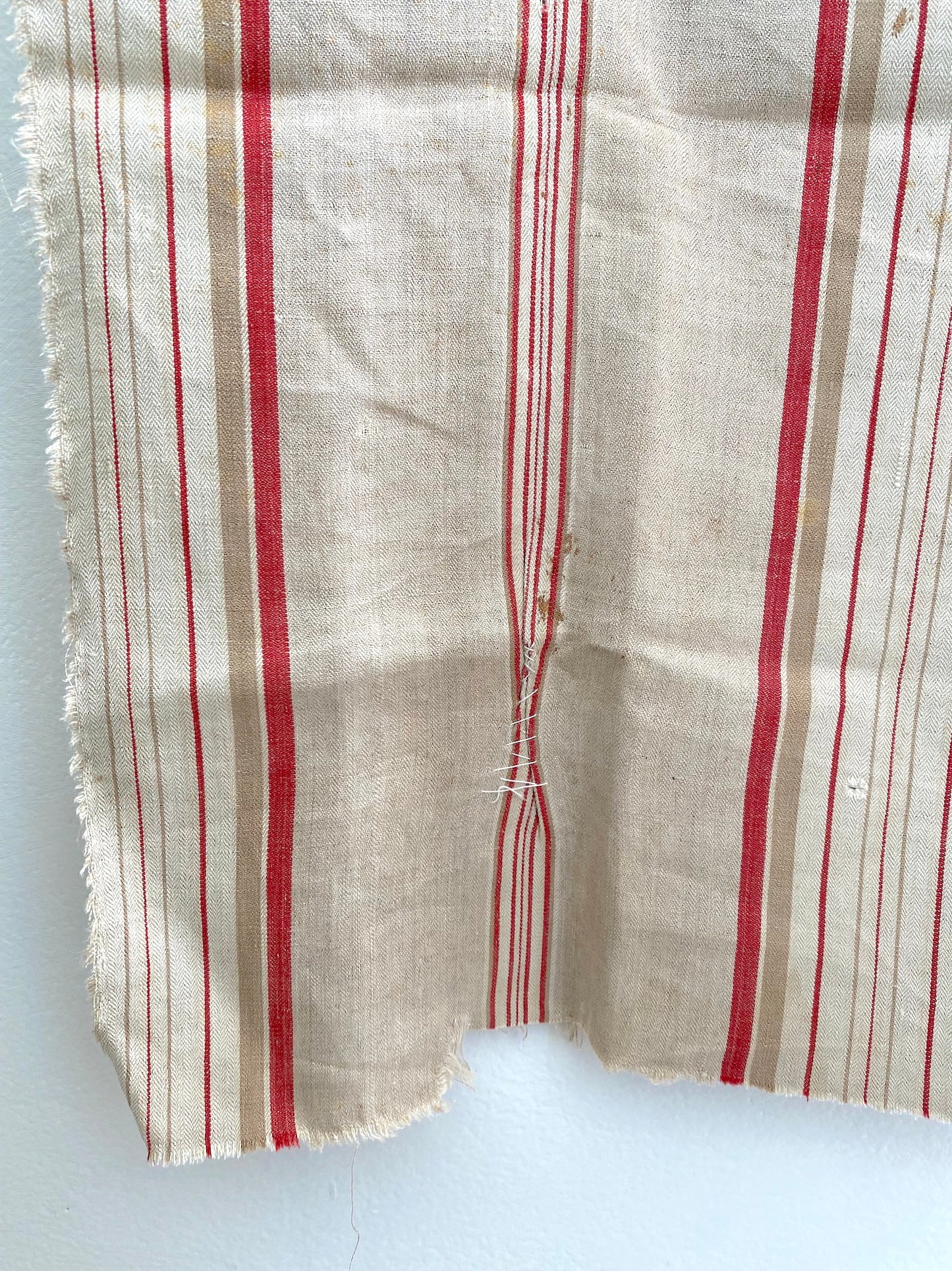 Antique French Natural/Red Stripe Linen Fabric Panel 50x50cm