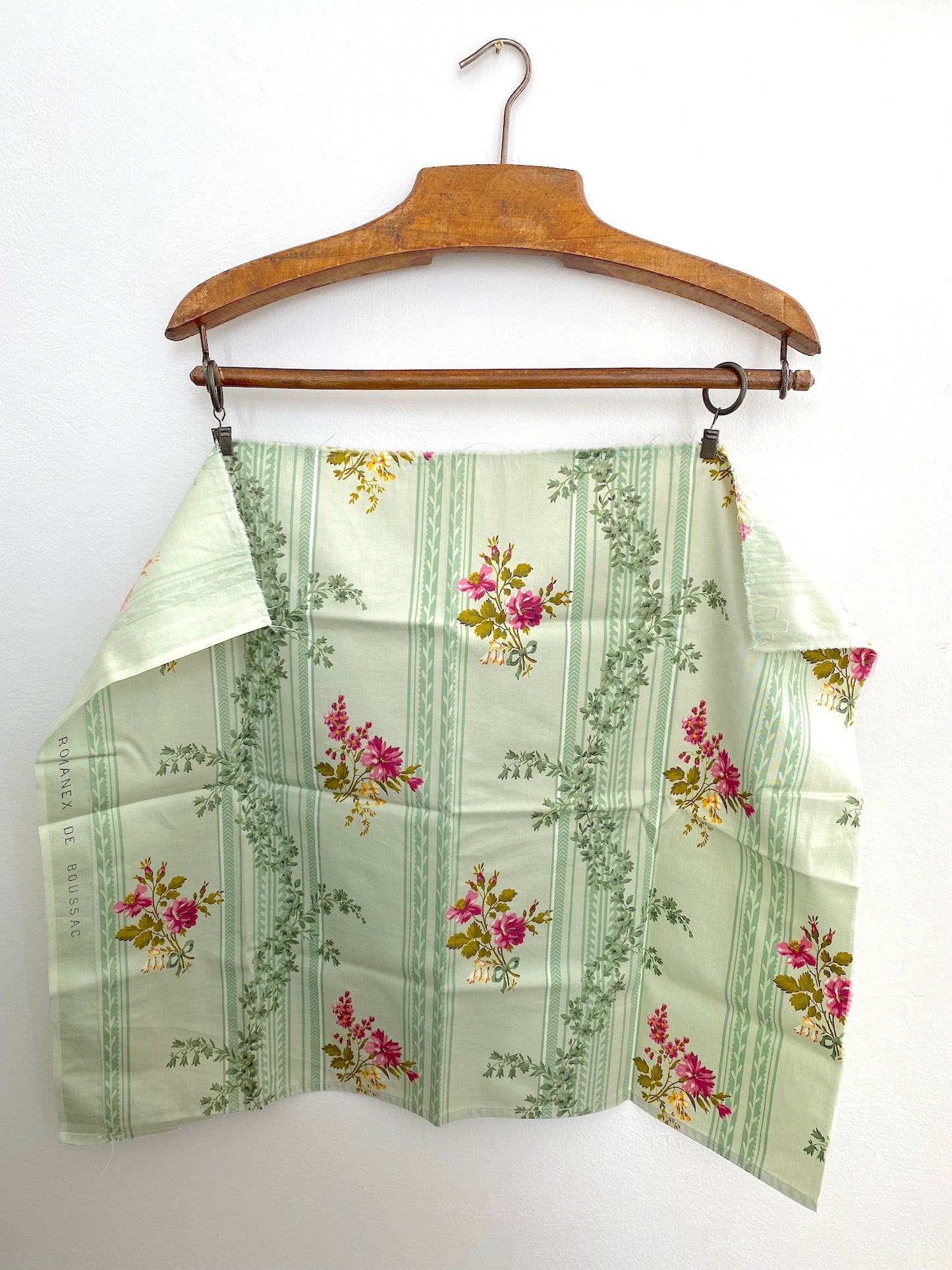 Antique French Green Cotton Floral Fabric Panel 60x45cm