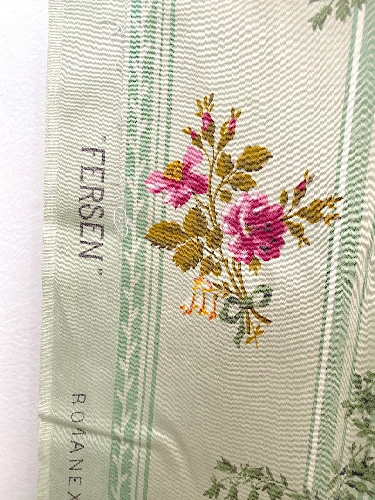 Antique French Green Cotton Floral Fabric Panel 60x45cm