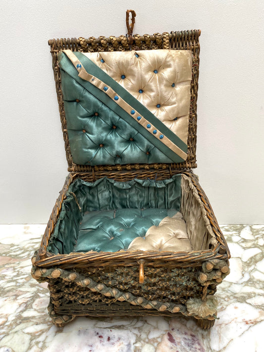 Antique French Green Woven Cane & Silk Sewing Basket
