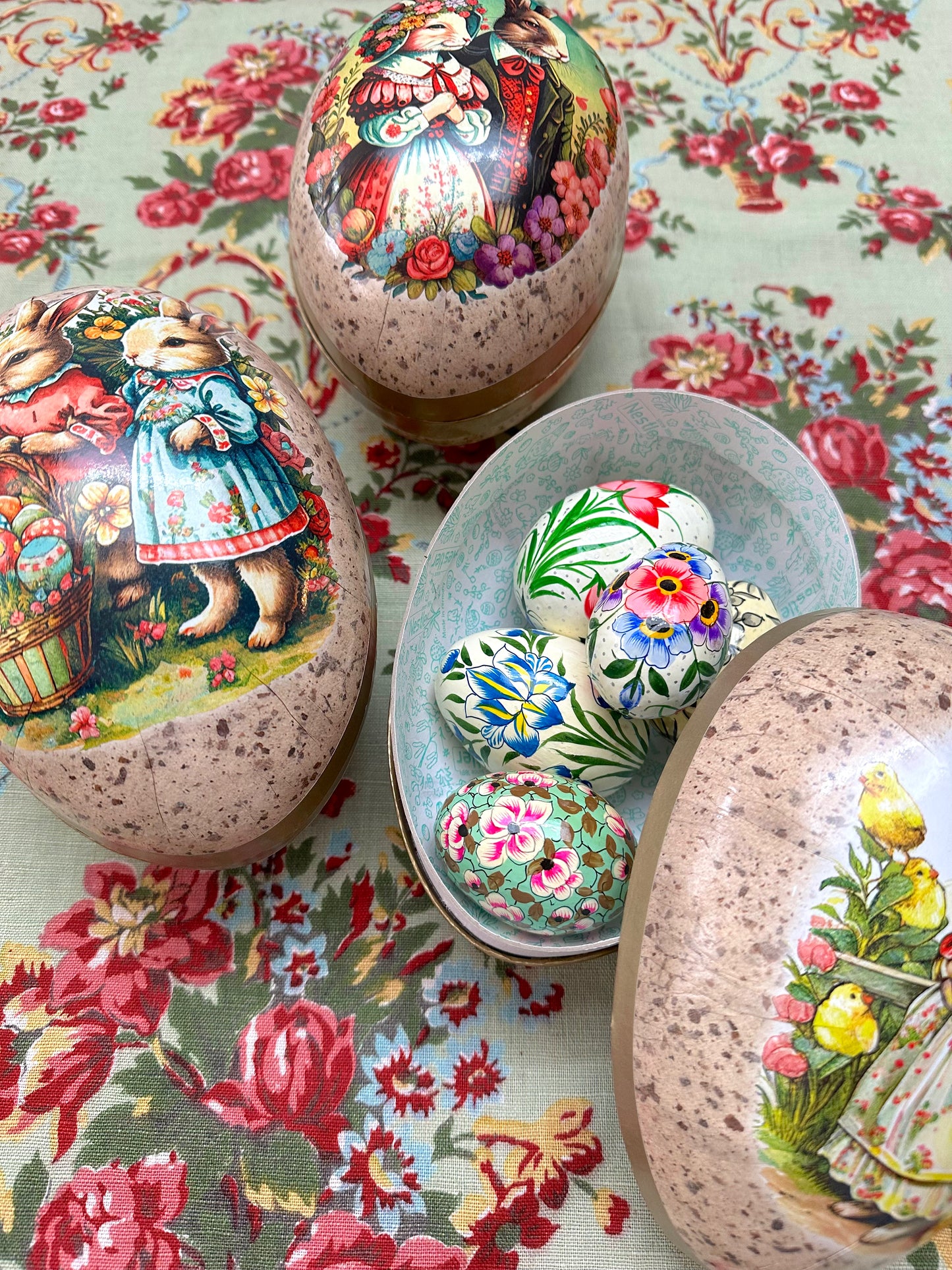 German Paper Eggs Set Of 3 - 'Rabbit Family' Large