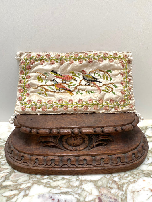 Antique French Embroidery Sampler Silk Pillow