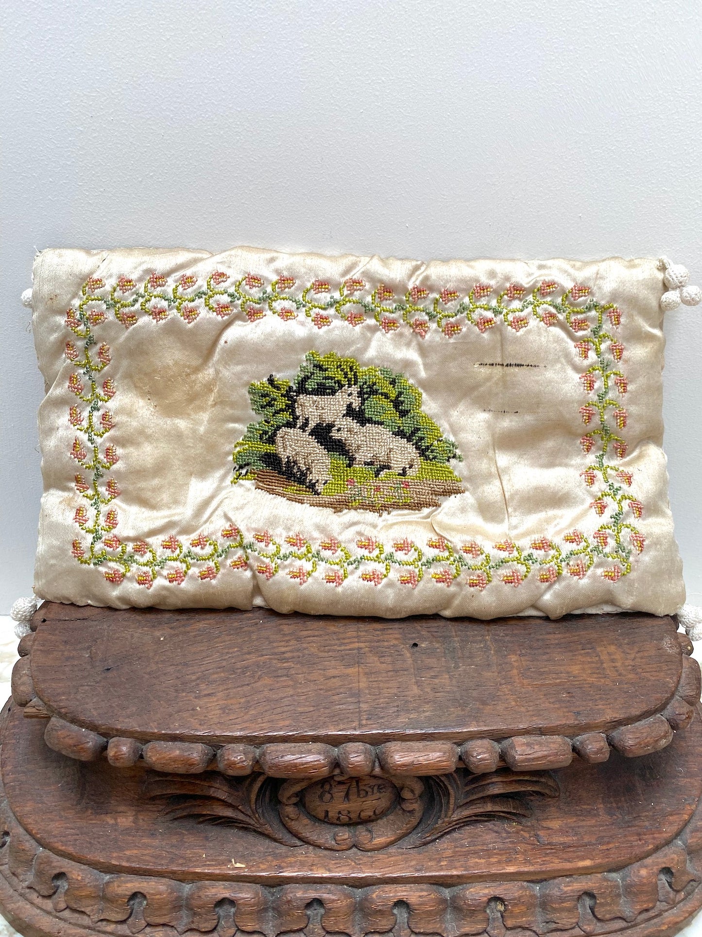 Antique French Embroidery Sampler Silk Pillow